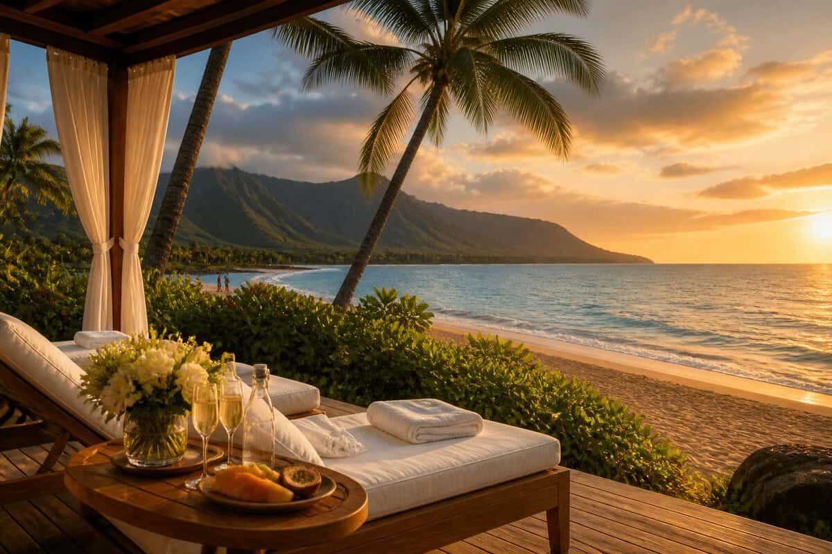 A luxurious beachfront resort setting in Maui with lounge chairs, tropical foliage, turquoise water, and mountains at sunset.