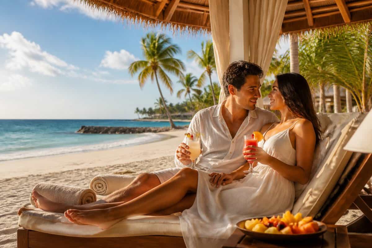 A newlywed couple relaxes together beneath a beach cabana at a tropical resort.