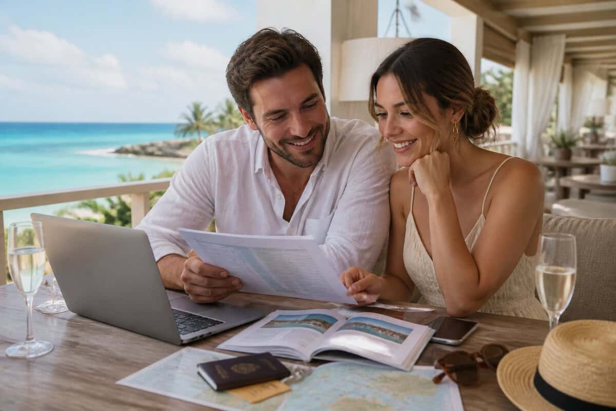 Newlywed couple reviewing honeymoon travel plans at a tropical resort terrace.