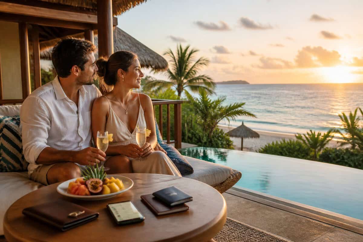 Newlywed couple relaxing at a tropical resort overlooking the ocean with travel items nearby.