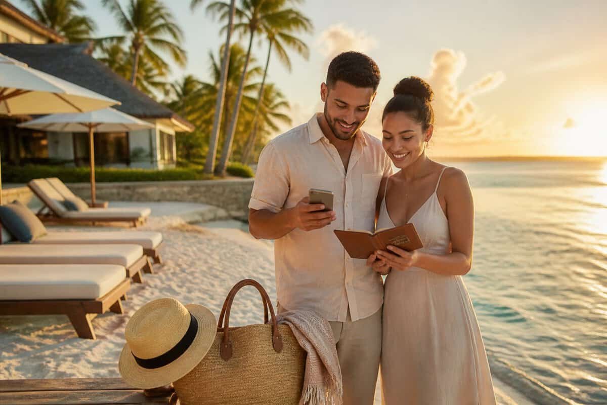 A newlywed couple plans their honeymoon together at a tropical all-inclusive beach resort.