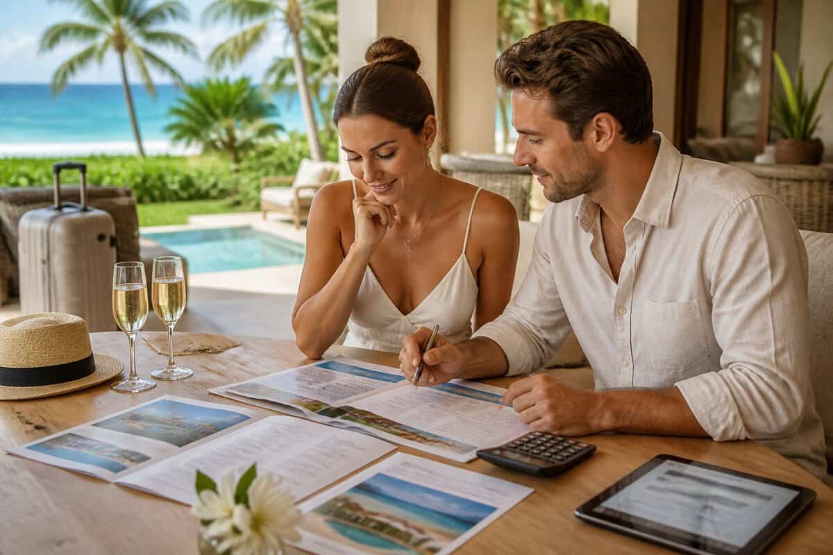 A couple compares resort travel documents at a table overlooking a tropical resort.