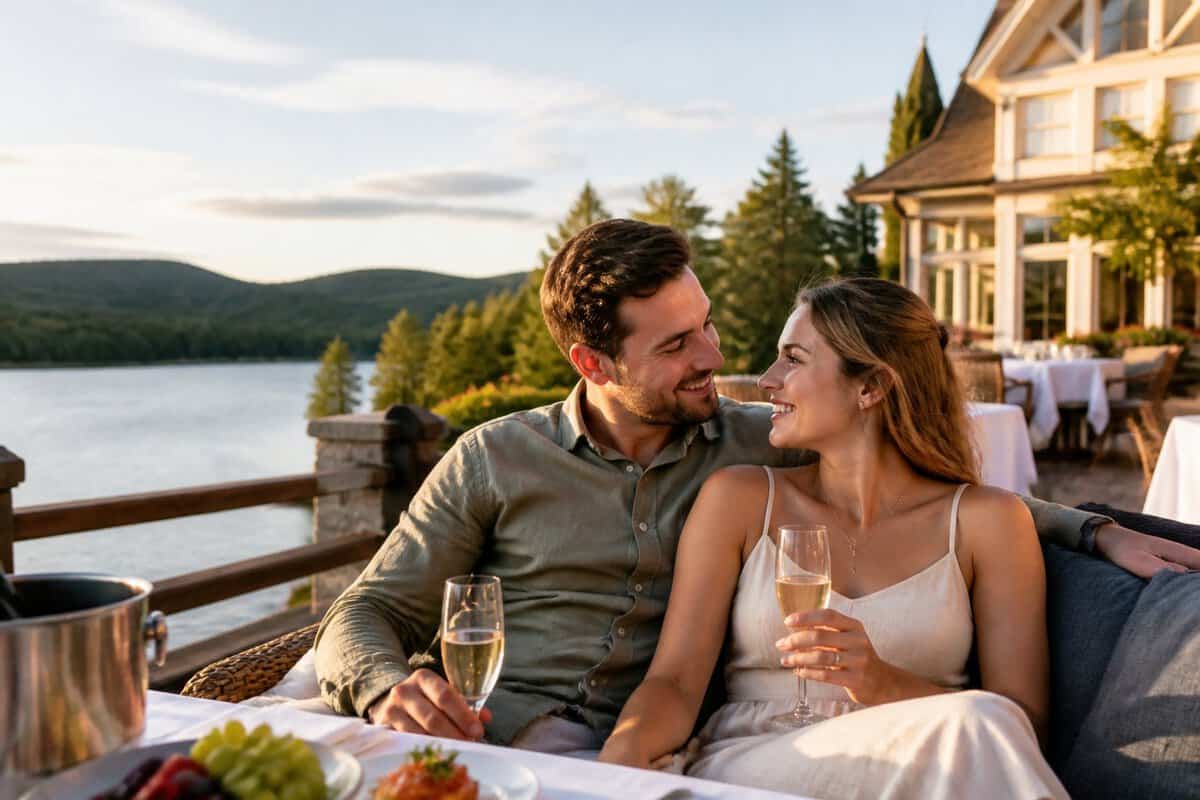 A newlywed couple relaxes together at a scenic lakeside resort in Quebec.