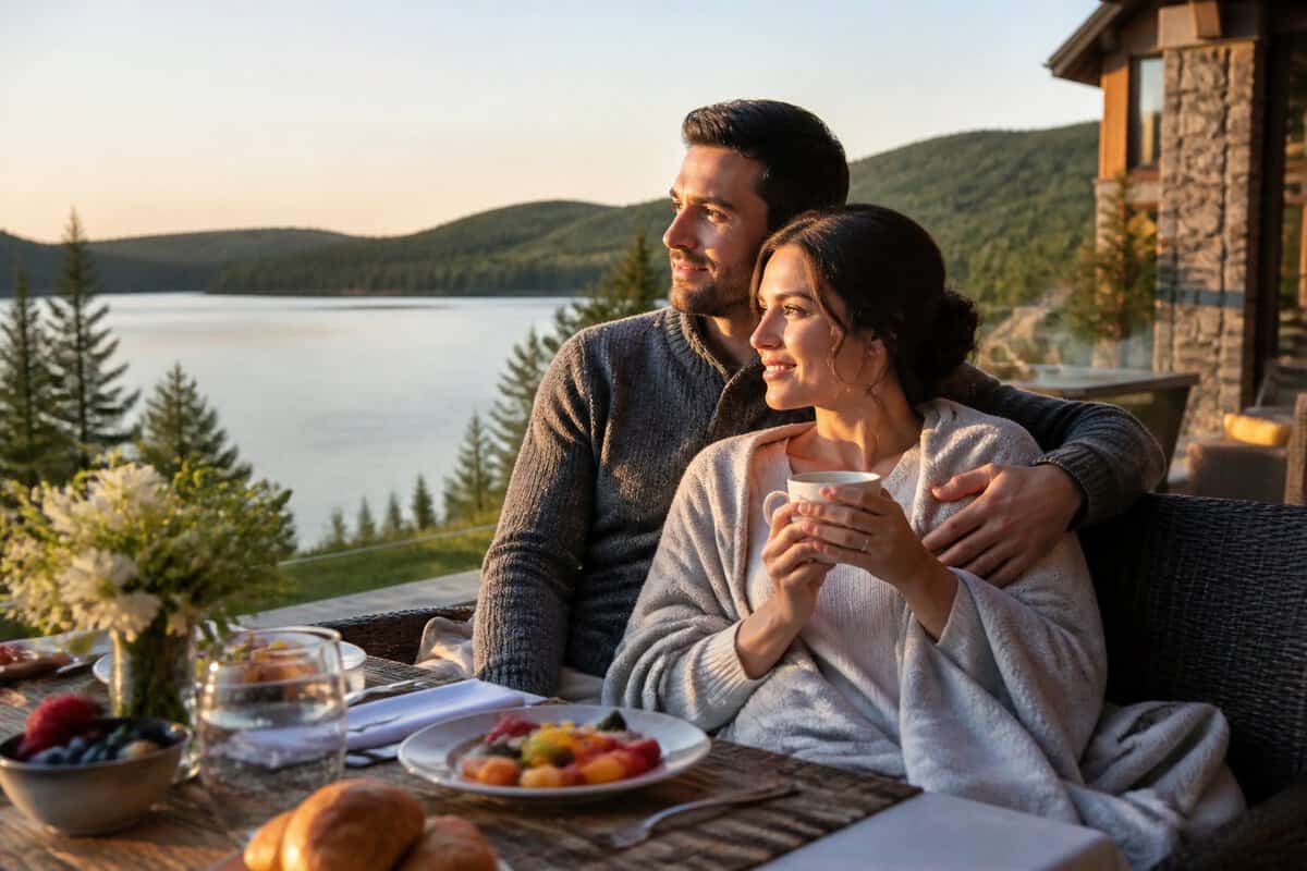 A newlywed couple enjoys a romantic meal at a lakeside resort in Quebec.