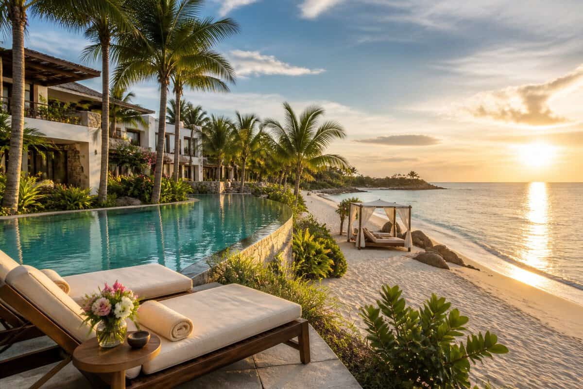 A luxurious Mexican beachfront resort with a turquoise pool, palm trees, and a white-sand beach.