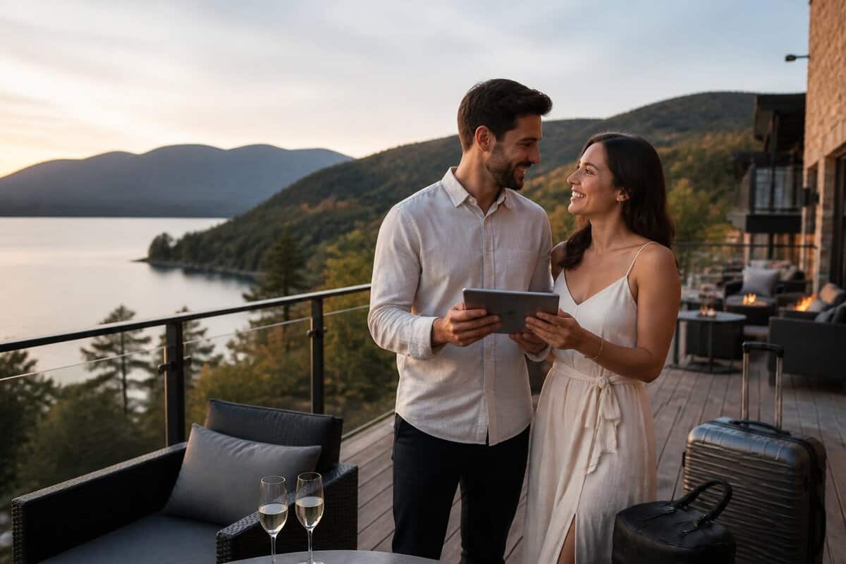 Newlywed couple comparing accommodations on a tablet at a scenic Quebec lakeside resort.