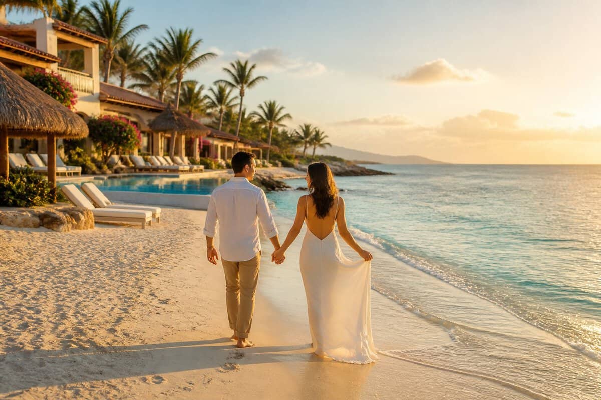 Newlywed couple walking hand in hand on a tropical beach beside a luxury resort in Mexico.