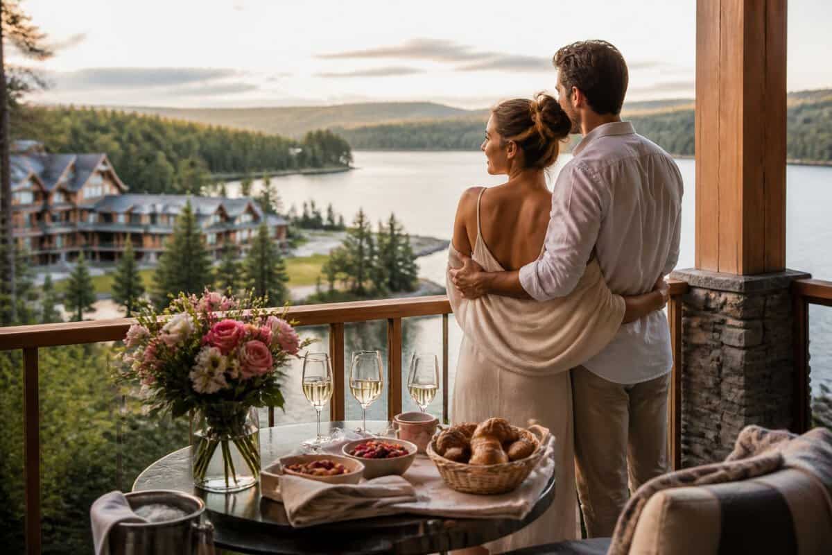 Newlywed couple enjoying a scenic balcony at a Quebec lakeside resort.