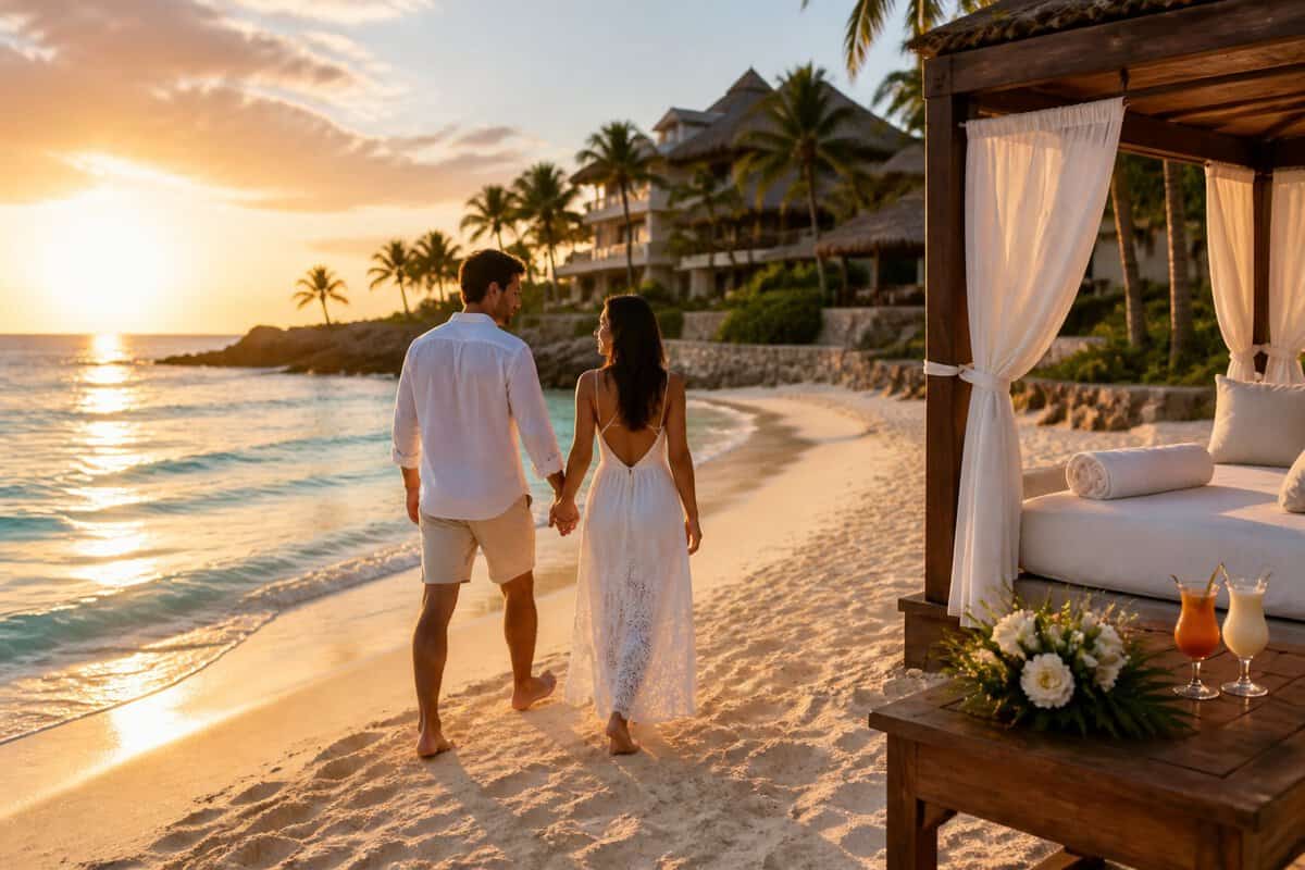 A couple walks along a tropical beach beside a luxury resort at sunset.