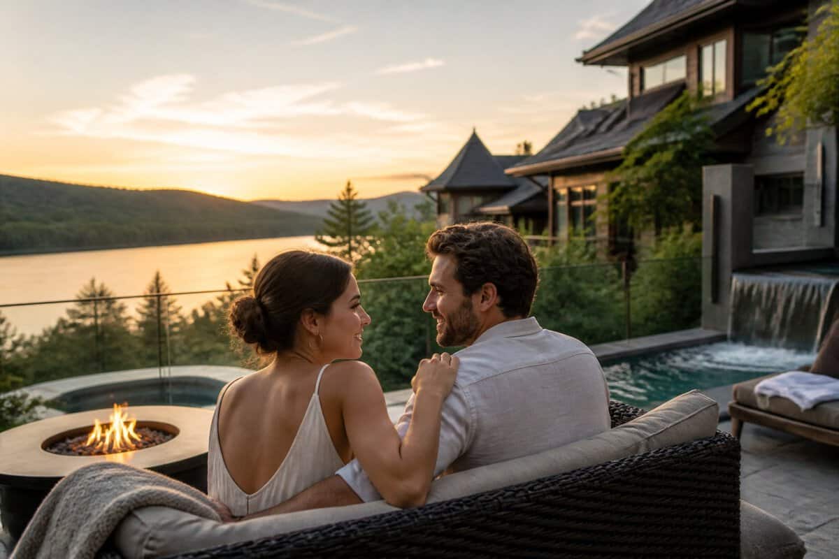 Newlywed couple relaxing on a resort balcony overlooking a Quebec lake and forested hills.