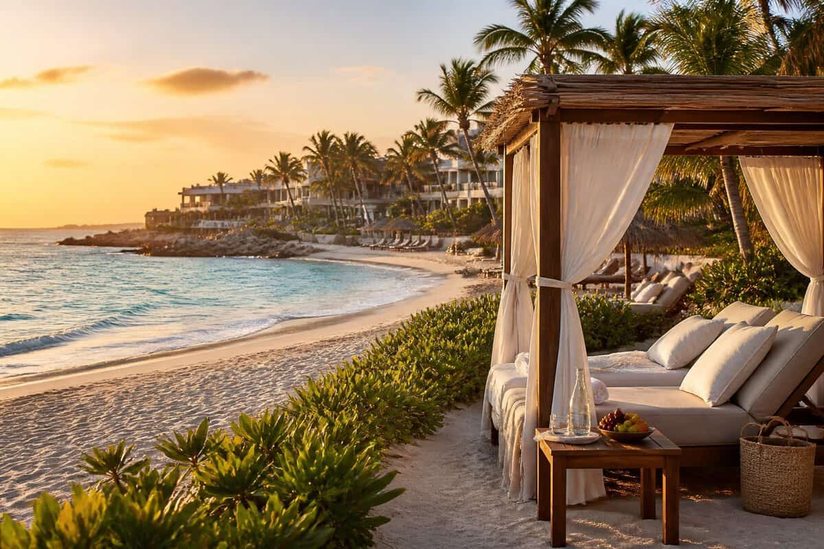 A luxurious beachfront resort with a private cabana, palm trees, white sand, and turquoise water at sunset.