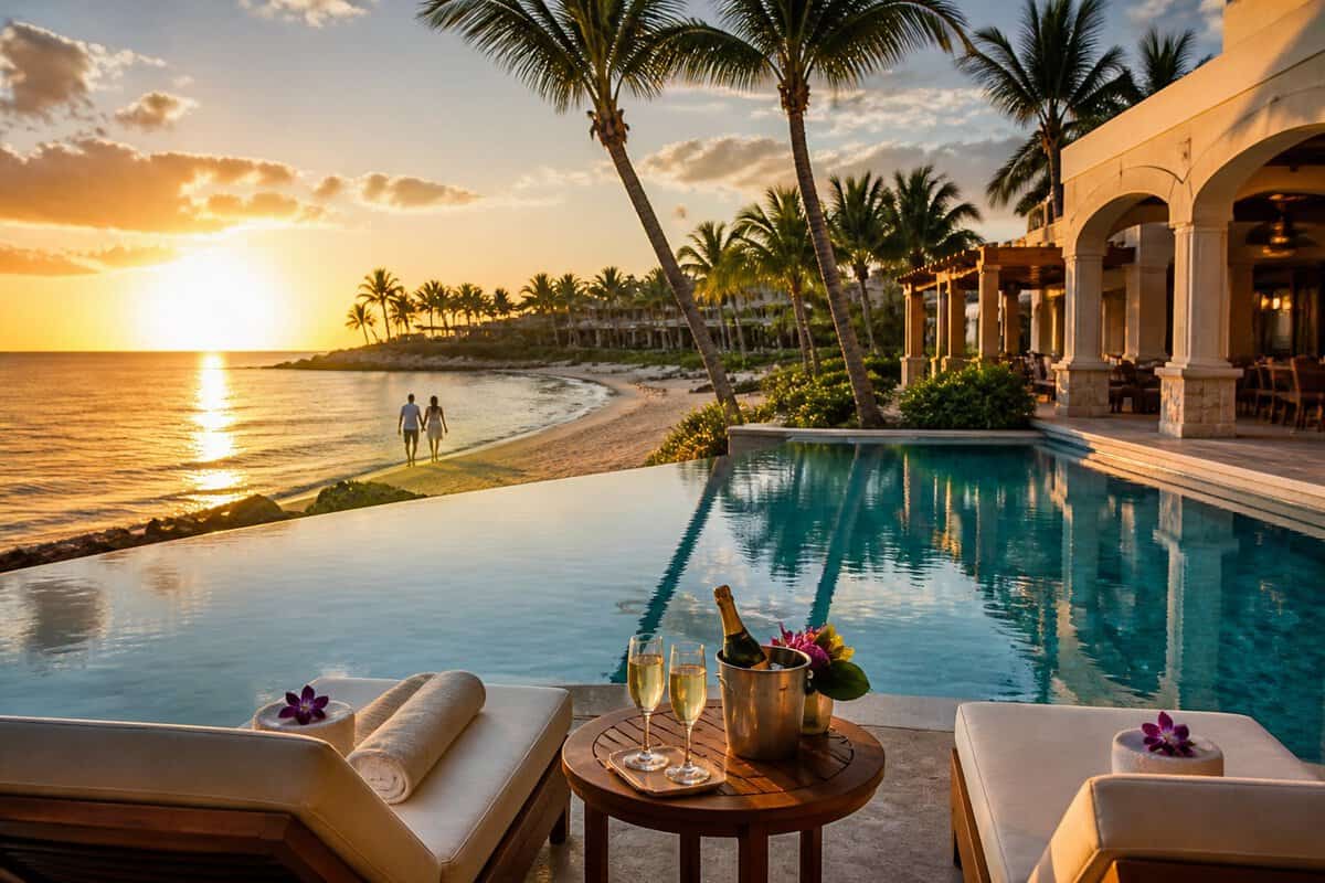A tropical Mexican resort with an infinity pool, lounge chairs, palm trees, and a beach at sunset.