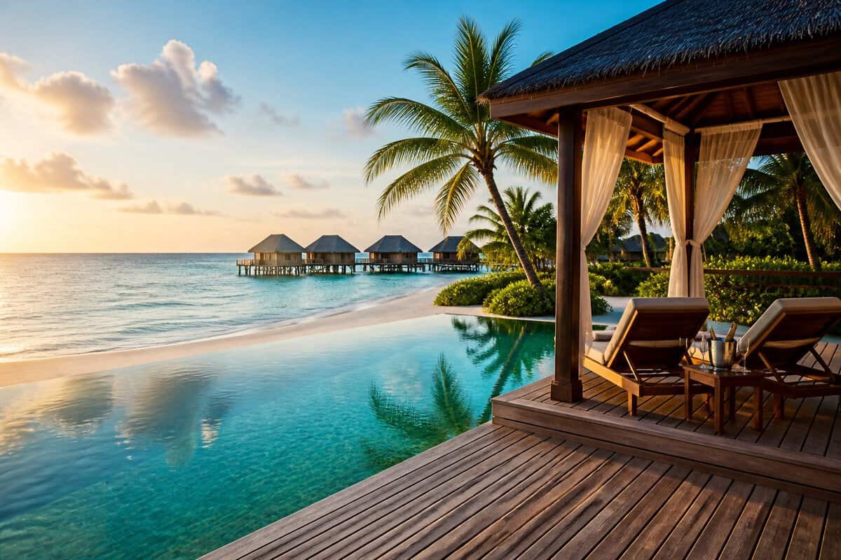 A luxurious tropical honeymoon resort with private cabanas, a white-sand beach, palm trees, and turquoise ocean water.