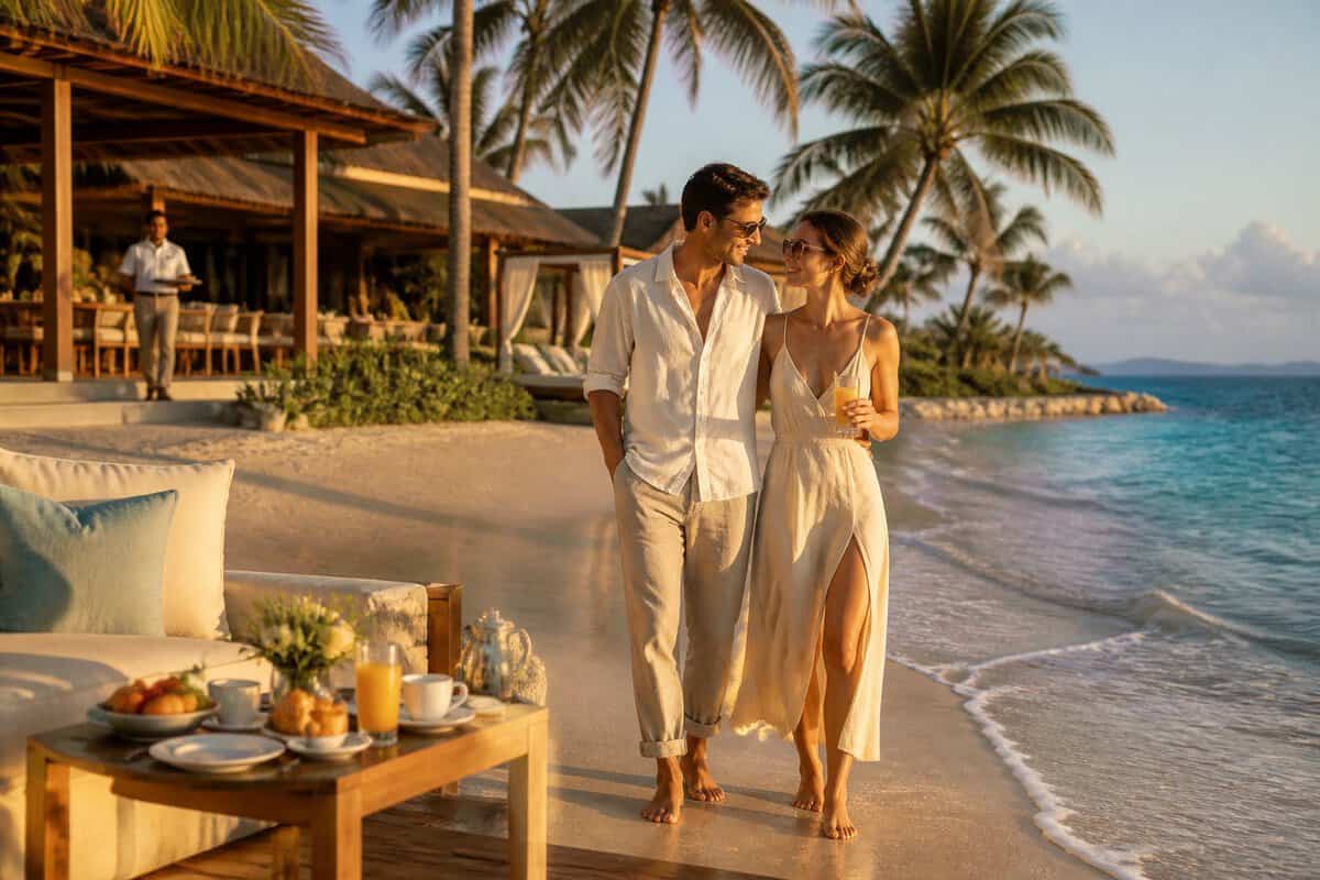 A newlywed couple relaxes together on a tropical beach at a luxurious all-inclusive resort.