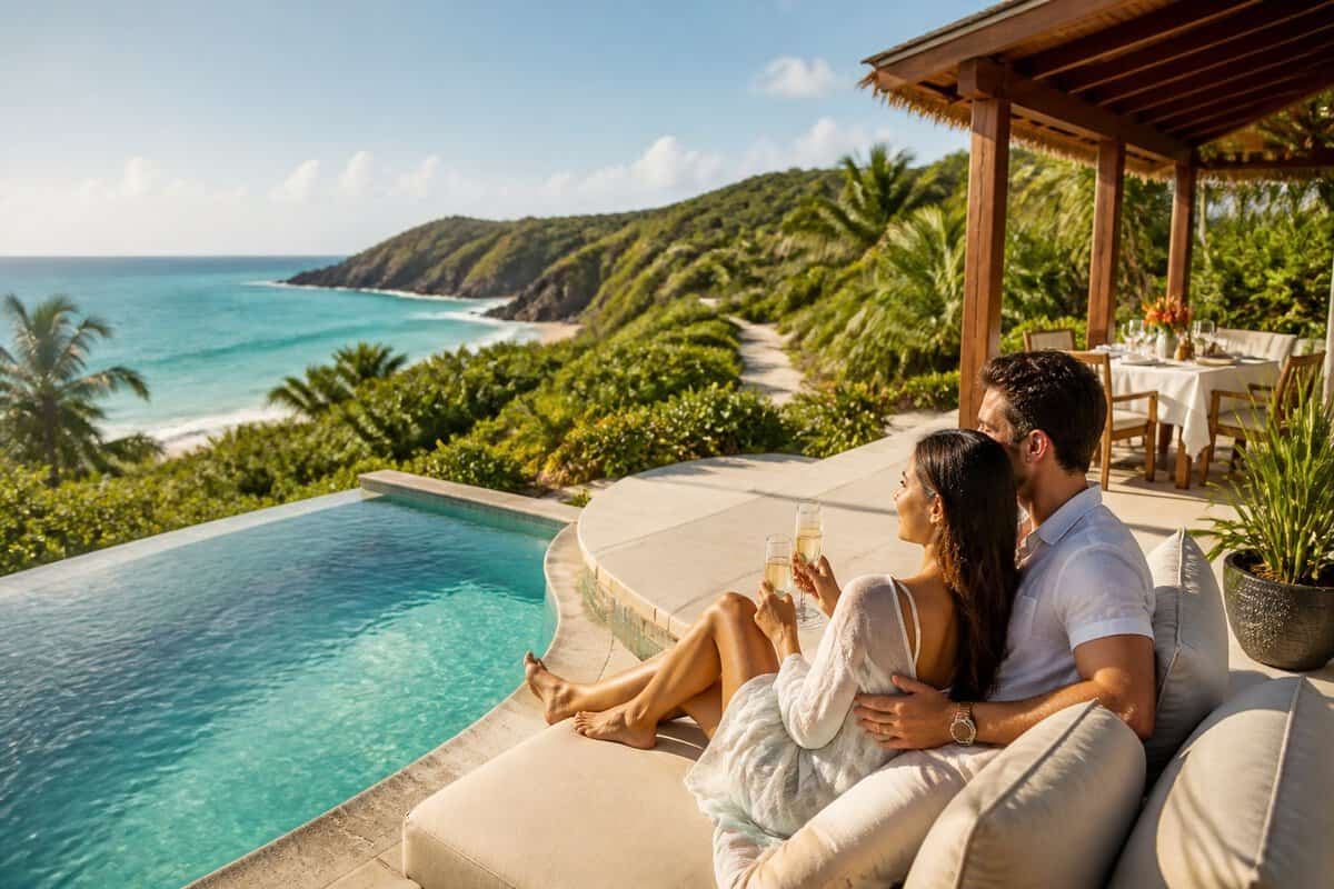 Newlywed couple relaxing on a luxury tropical resort terrace overlooking the ocean.