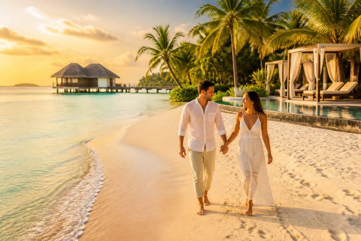 A newlywed couple walks along a tropical beach beside a luxurious all-inclusive resort.