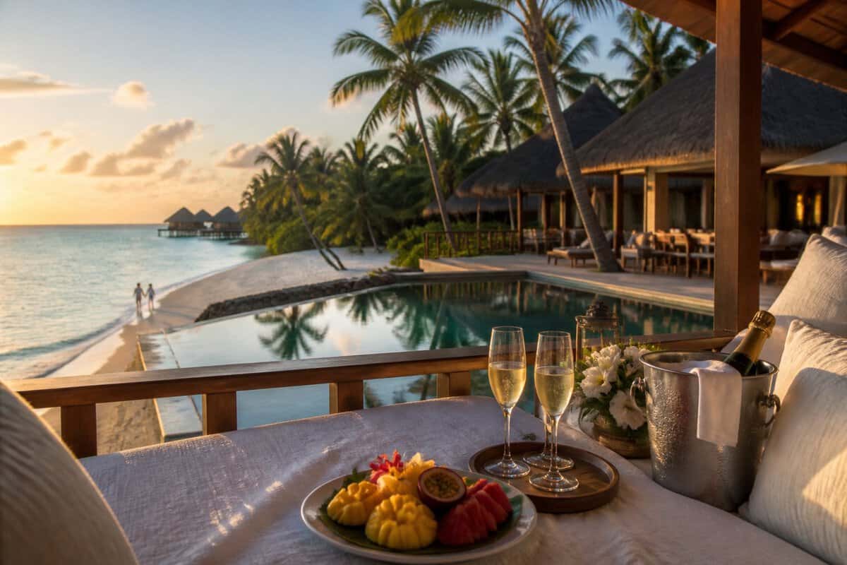 A luxurious tropical resort overlooking a turquoise lagoon, with champagne and tropical fruit arranged on a terrace.