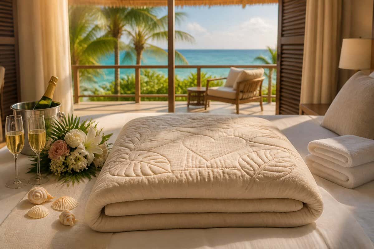 A folded cream quilt with heart patterns on a bed in a romantic beachfront resort suite, surrounded by champagne, flowers, and seashells.