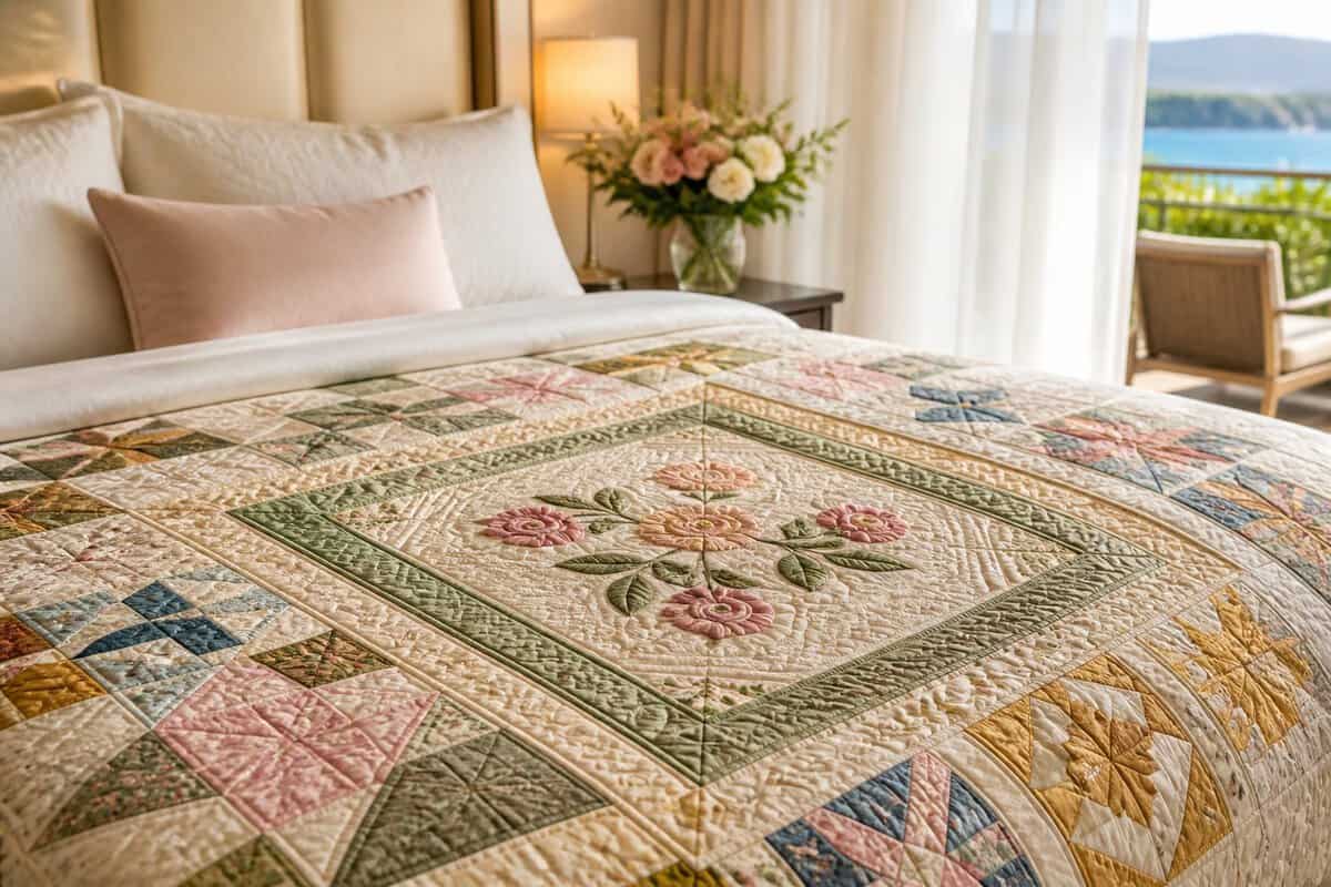 A colorful handmade quilt with a prominent central block arranged on a bed in a bright honeymoon suite.