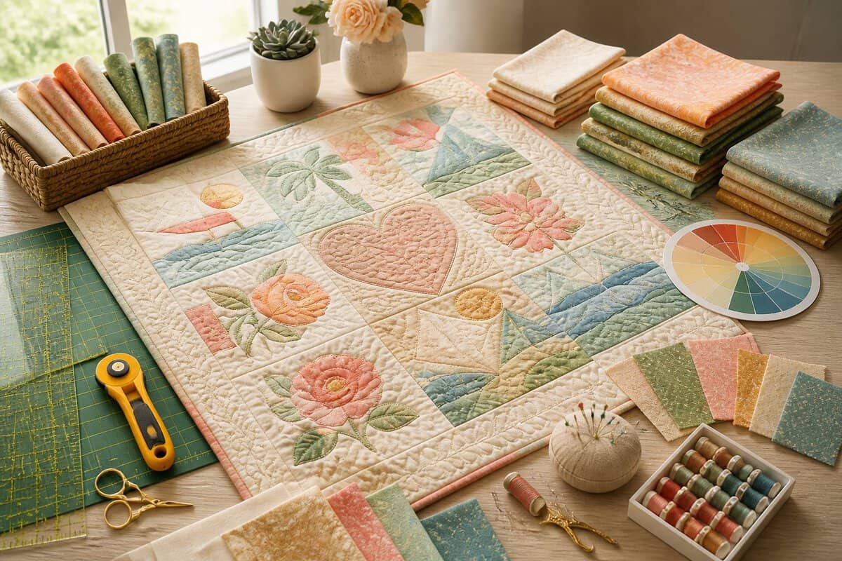 A romantic quilt in progress surrounded by coordinated fabric swatches, sewing tools, and color-planning materials.