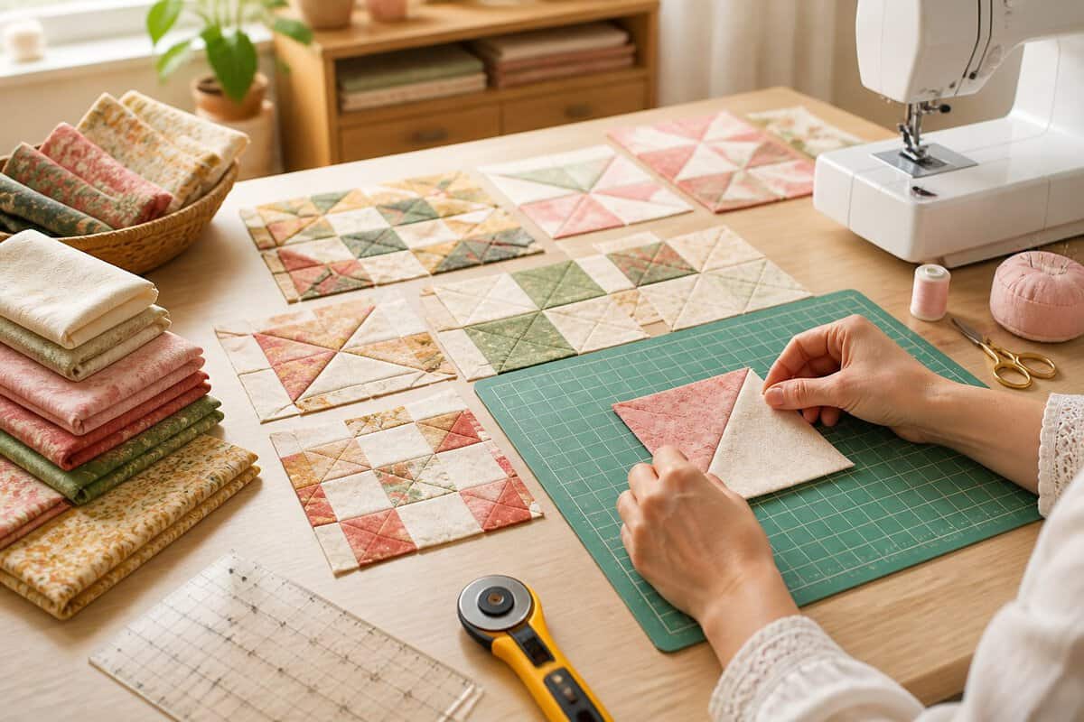 Hands arrange colorful patchwork quilt pieces on a sewing table.