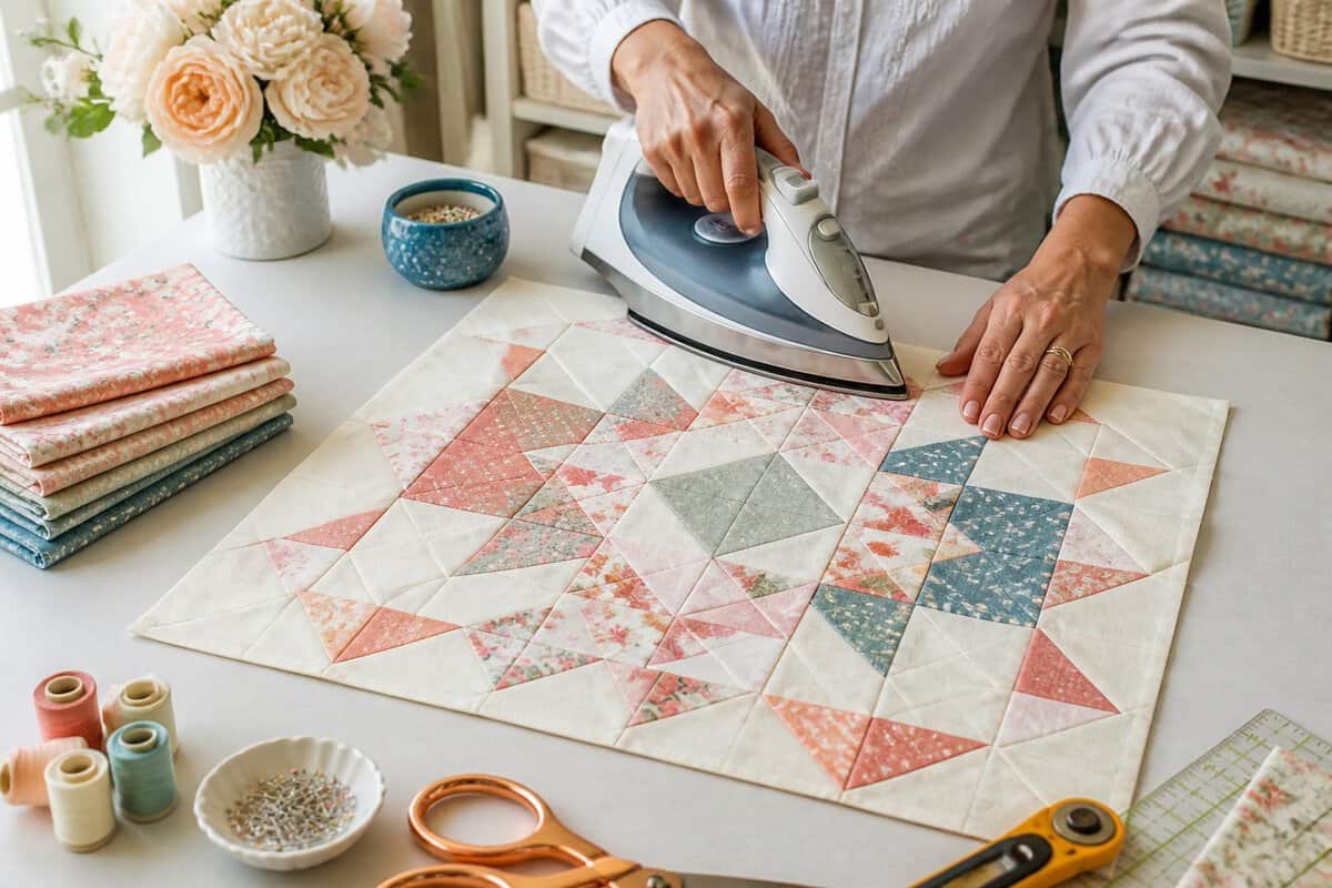 Hands align and press a colorful quilt block on a sewing table.