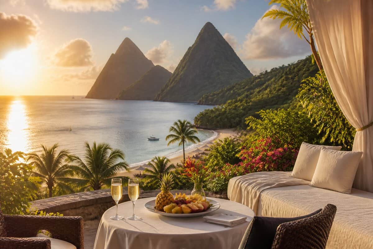 A luxury beachfront honeymoon setting in Saint Lucia with tropical foliage, turquoise water, and the Pitons in the background.