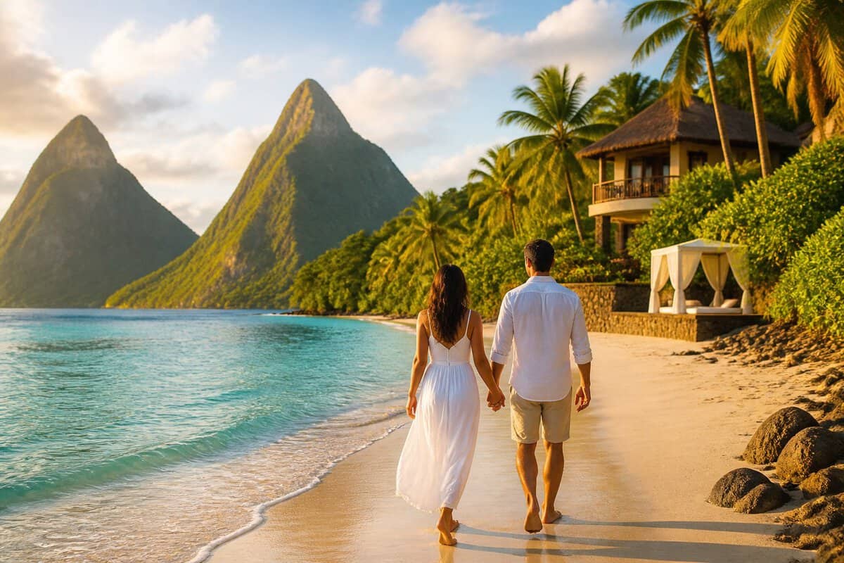 A couple walks along a secluded Saint Lucia beach with a luxury resort and green volcanic mountains in the background.