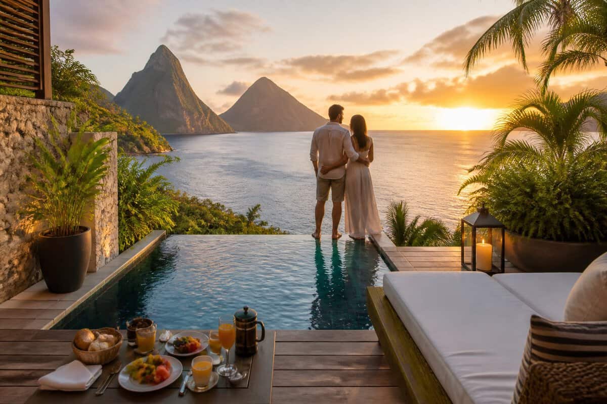 A couple relaxes at a tropical beachfront resort with the Pitons in the distance.