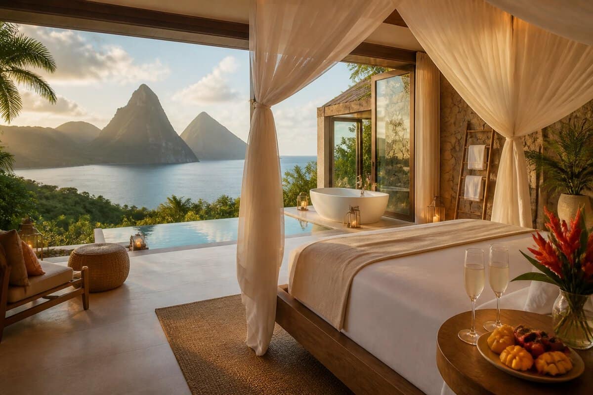 A luxurious honeymoon suite with a private terrace overlooking Saint Lucia’s tropical coastline and the Pitons.