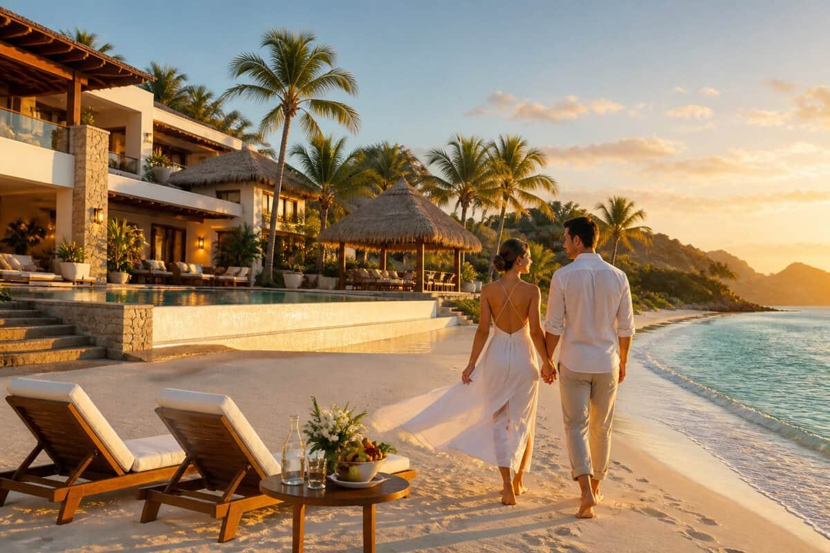 A newlywed couple walks along a tropical beach beside a luxurious resort at sunset.