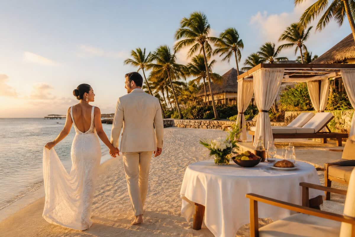 Newlywed couple walking hand in hand on a tropical beach beside a luxurious all-inclusive resort.
