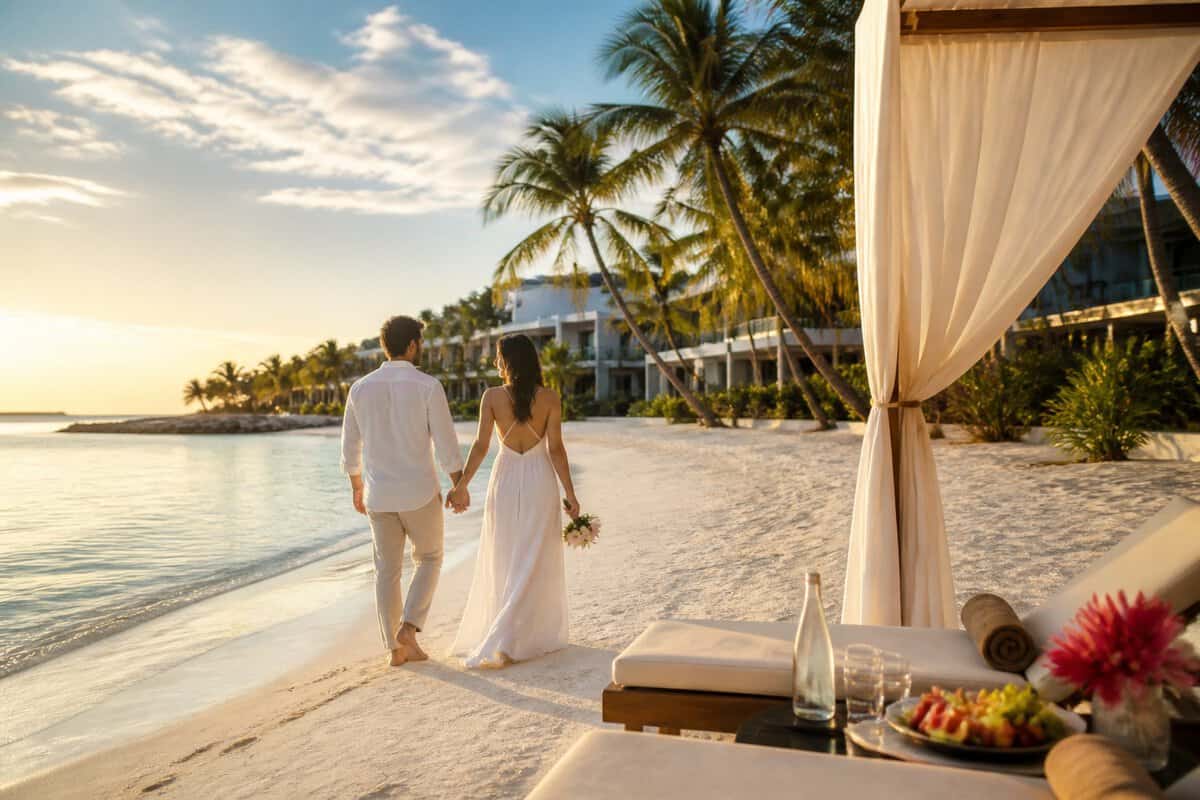 A newlywed couple walks hand in hand along a tropical beach beside a luxury resort.