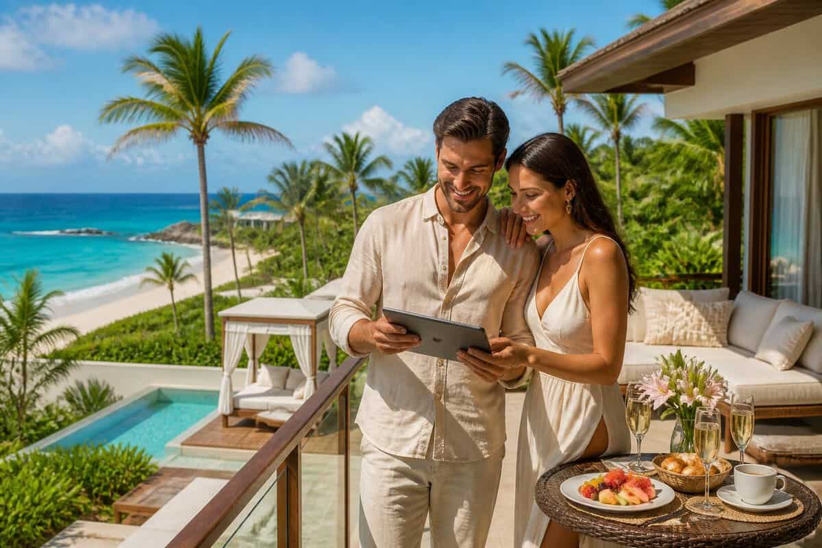 A honeymoon couple compares resort room options from a tropical balcony overlooking the ocean.