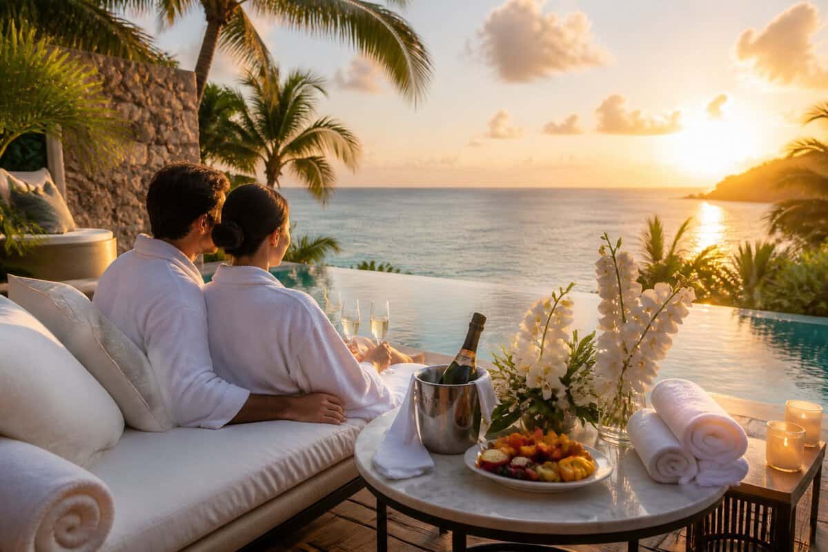 A newlywed couple relaxes on a tropical resort terrace beside an infinity pool overlooking the ocean.