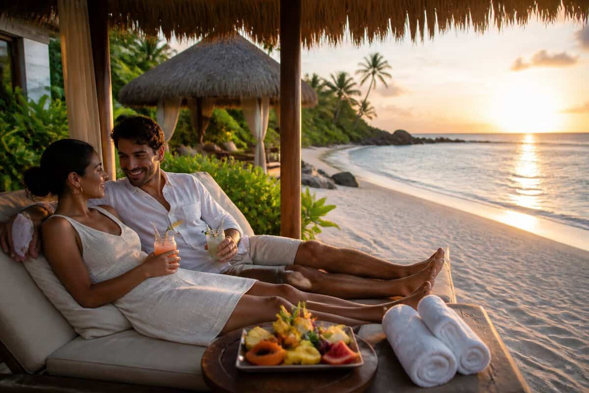 Newlywed couple relaxing together at a tropical beach resort during sunset.