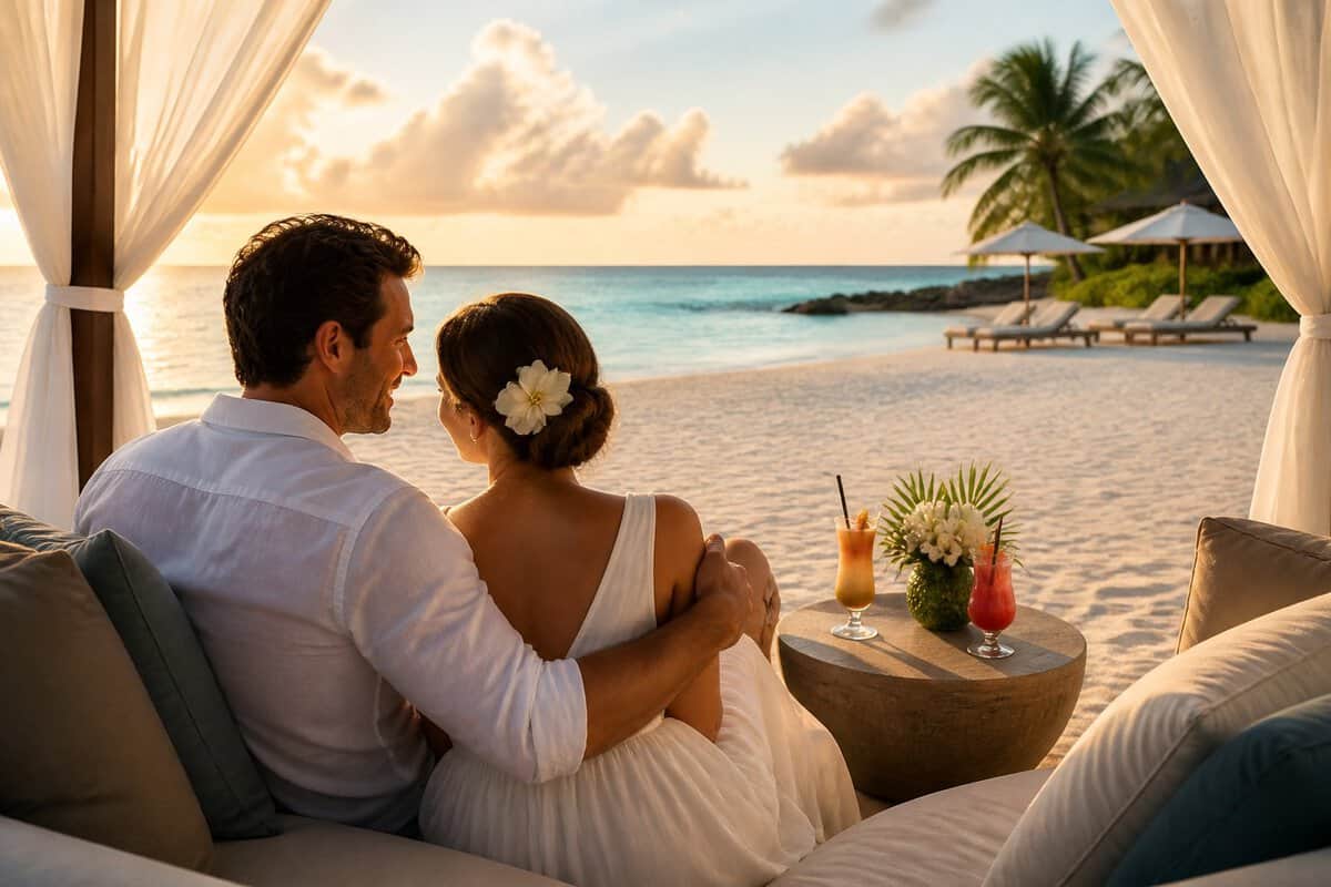 Newlywed couple relaxing together at a luxurious tropical beach resort during sunset.
