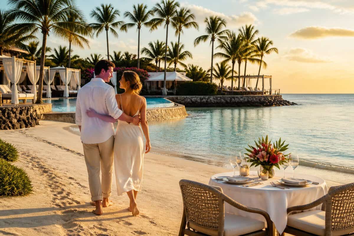 Newlywed couple walking along a tropical resort beach beside a romantic table for two.