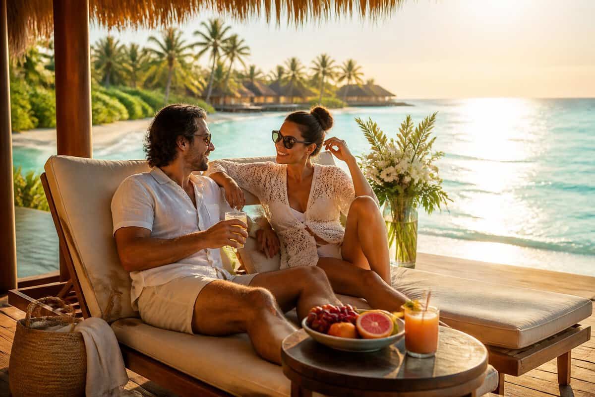 Newlywed couple relaxing together at a tropical oceanfront resort during their honeymoon.
