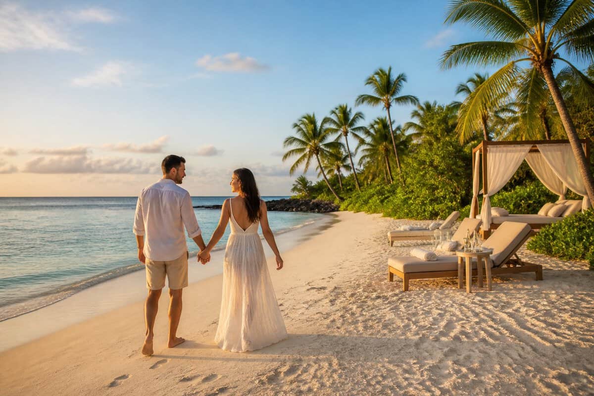 Newlywed couple walking hand in hand on a tropical beach beside a luxurious resort setting.