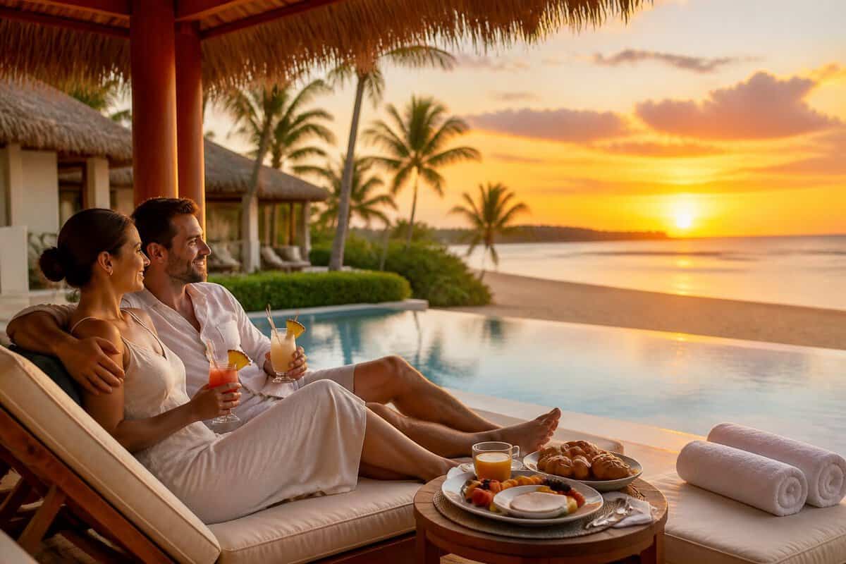 Newlywed couple relaxing at a tropical beachfront resort beside an infinity pool.