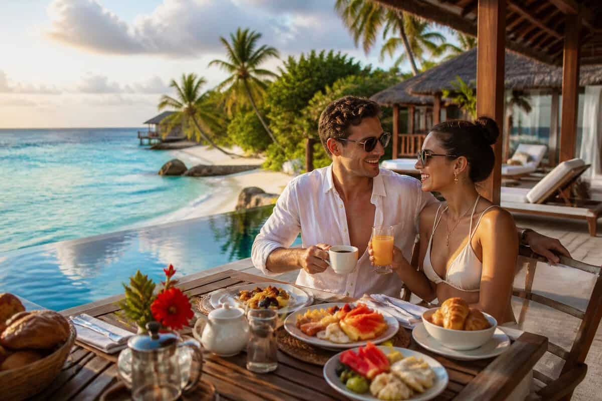 Newlywed couple relaxing on a tropical resort terrace beside the ocean with breakfast and drinks.