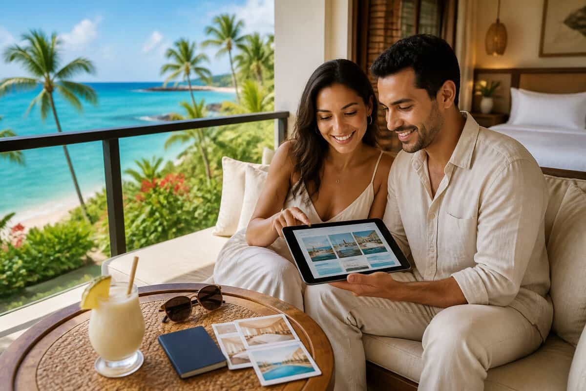 A newlywed couple compares resort options together on a tropical luxury suite balcony.