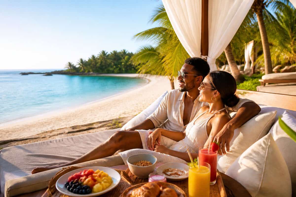 Newlywed couple relaxing at a luxurious tropical beach resort.