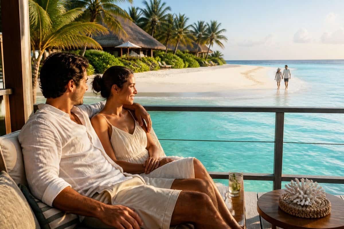 A newlywed couple relaxes on a luxurious tropical resort deck overlooking turquoise water.