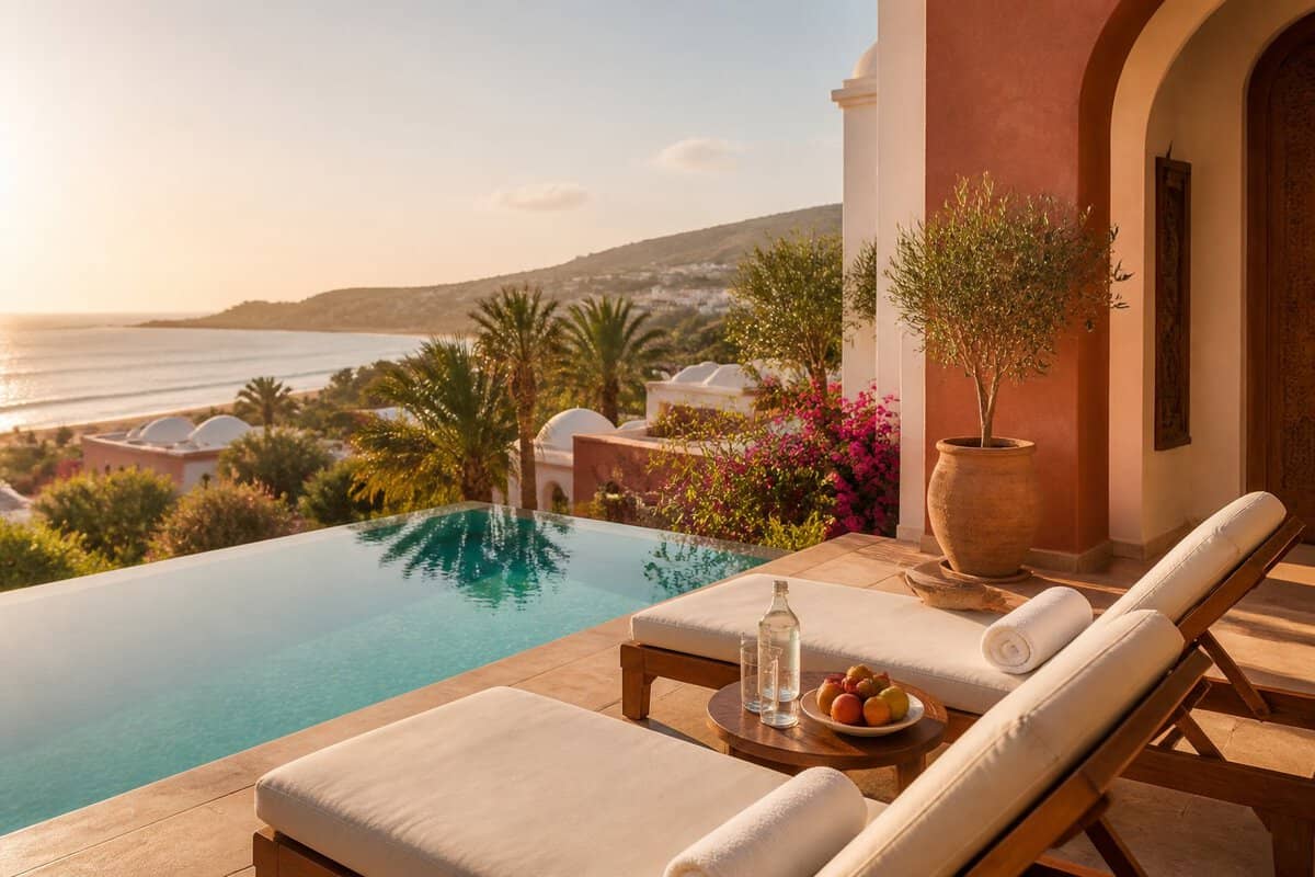 A romantic Moroccan resort terrace overlooking a pool, lush gardens, and the ocean.