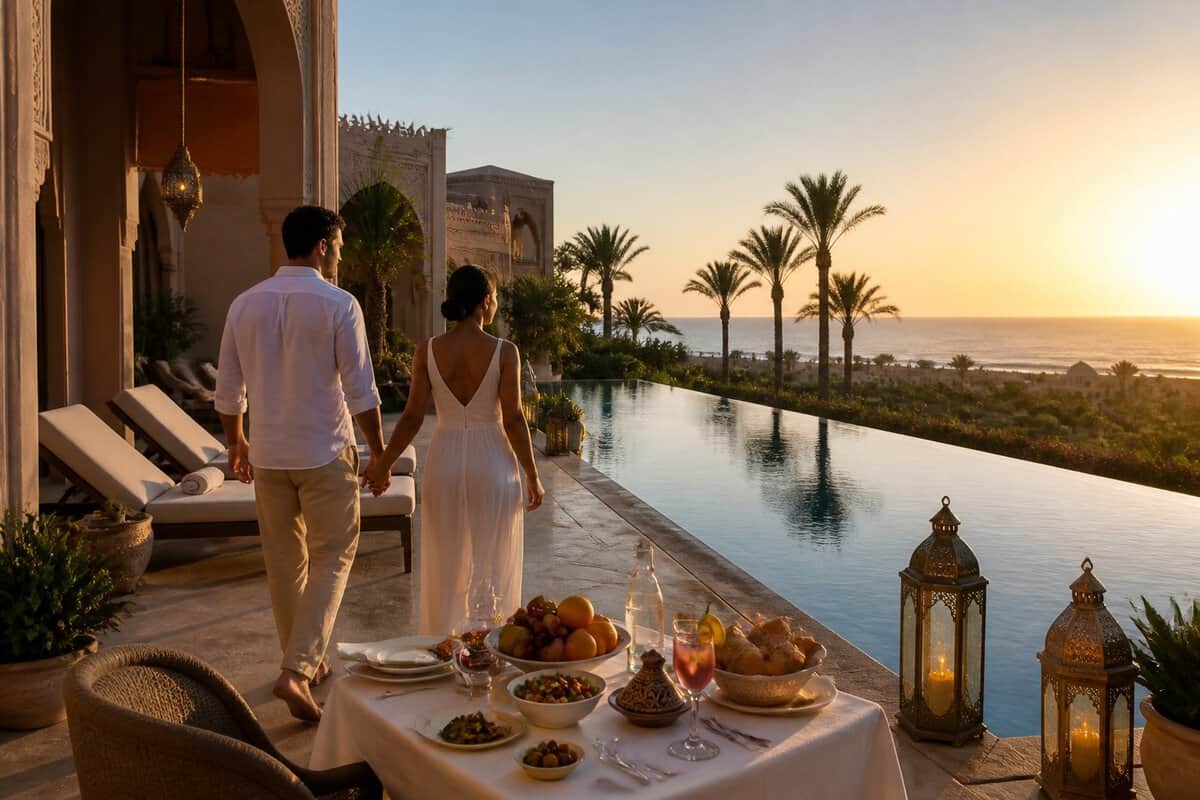 Newlywed couple walking beside a luxury Moroccan resort pool near an outdoor dining area.