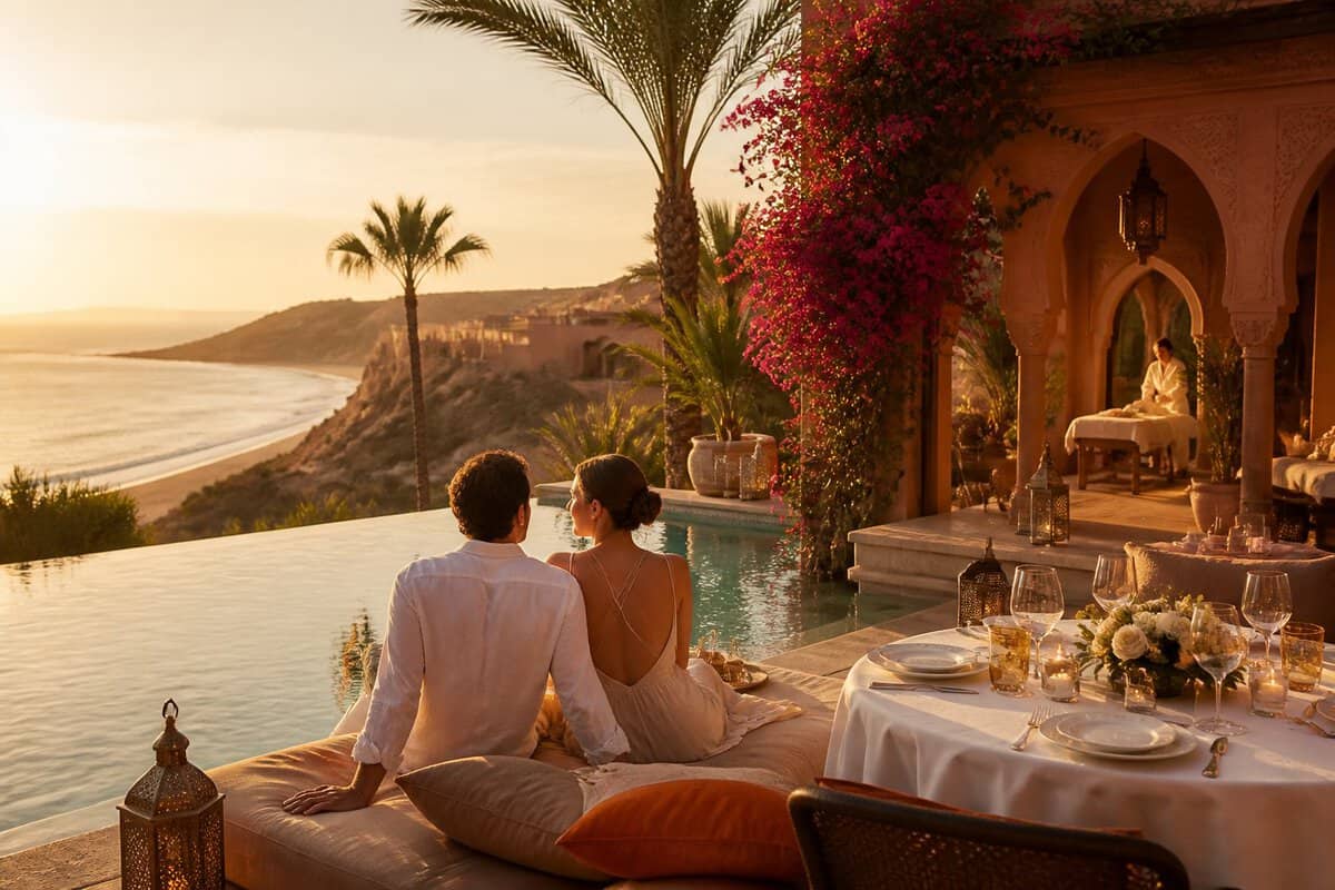 A couple relaxes beside an infinity pool at a luxurious Moroccan resort overlooking the coast.