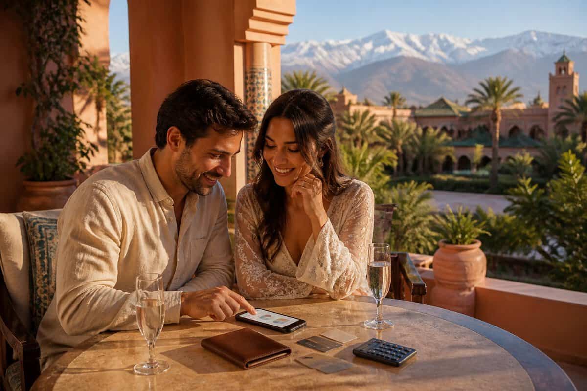 A newlywed couple reviews travel finances on a terrace at a Moroccan all-inclusive resort.