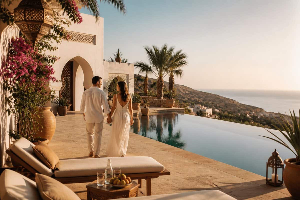 A couple walks beside an infinity pool at a luxury Moroccan resort overlooking a sunlit landscape.